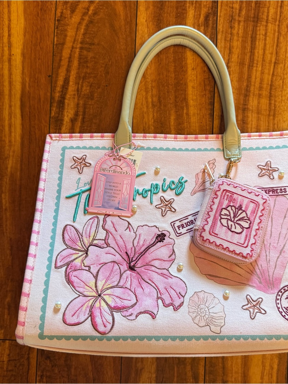 Pink Floral Canvas Tote with Beige Handles by